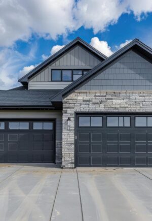 Modern suburban house in Edmonton featuring two dark gray garage doors with window panels, stone and siding exterior, and a clean concrete driveway under a partly cloudy sky.