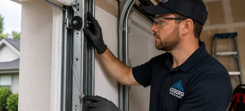 Technician inspecting garage door cable, roller and track system
