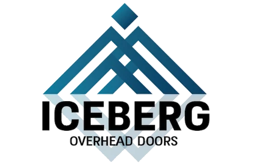Logo for Iceberg Overhead Doors, a garage door service company in Edmonton, featuring stylized blue geometric shapes above the company name