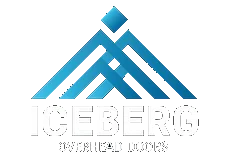 Logo for Iceberg Overhead Doors, a garage door service company in Edmonton, featuring a stylized blue geometric design above the company name in bold white text on a black background.